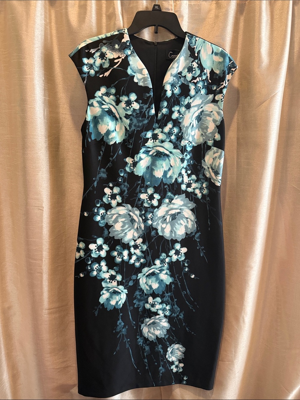 connected apparel Black Midi Dress with Teal and White Floral Print